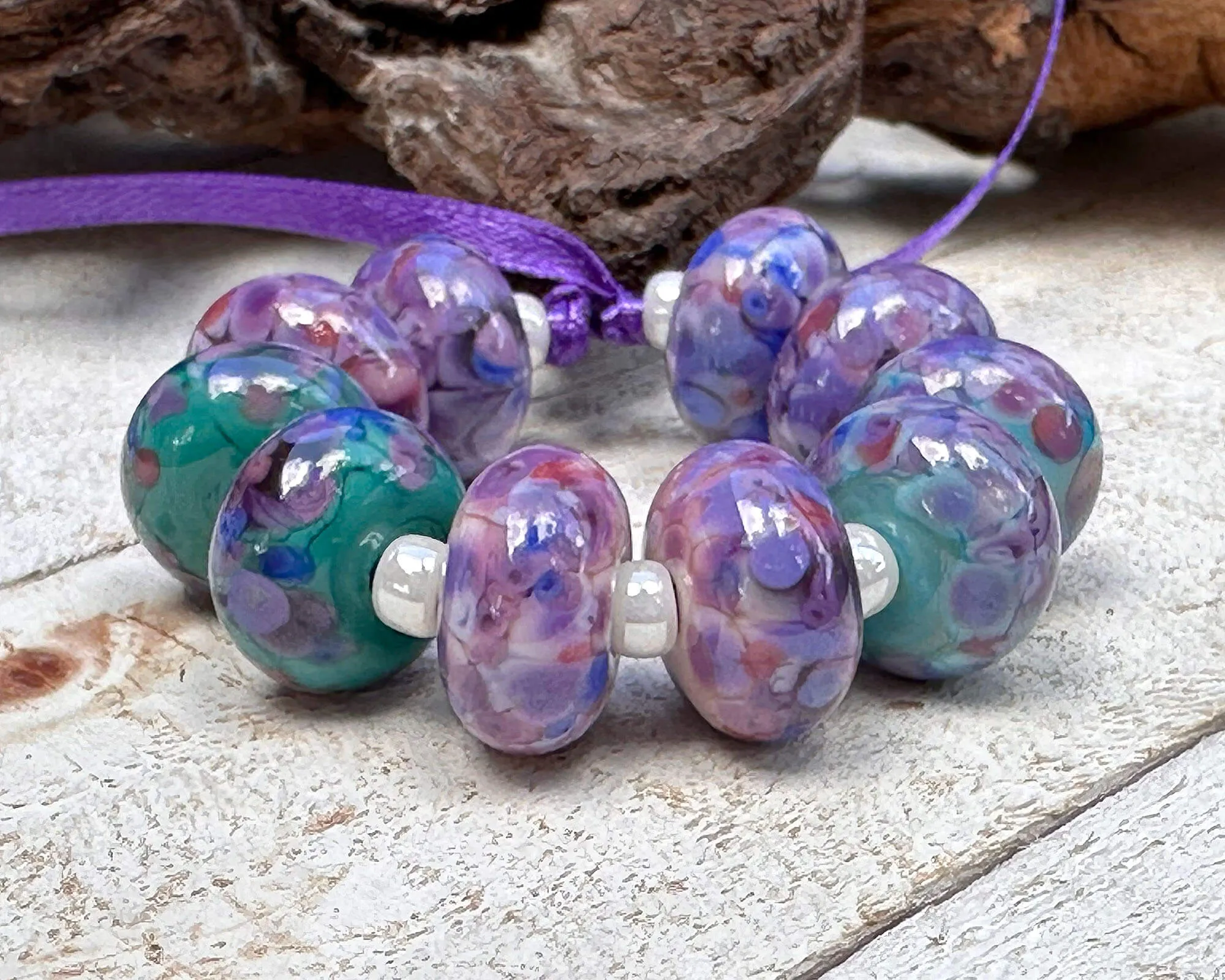 10 Purple Blue Mosaic Lampwork Beads Set SRA