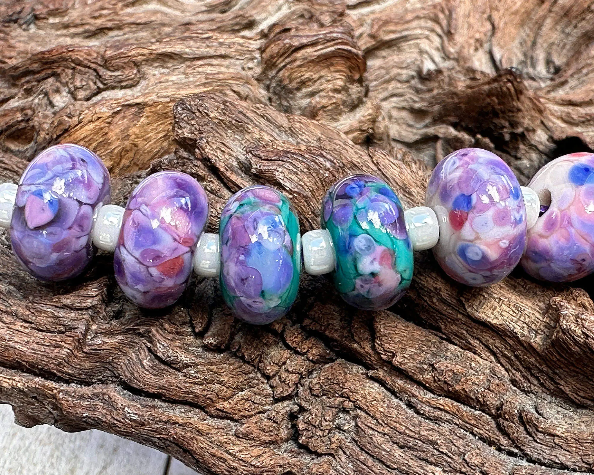 10 Purple Blue Mosaic Lampwork Beads Set SRA