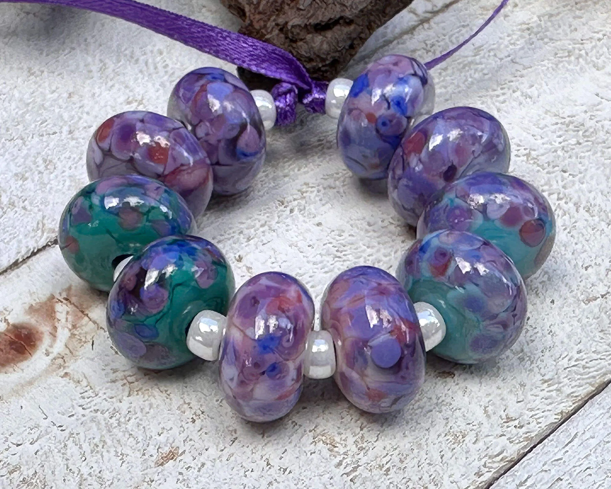 10 Purple Blue Mosaic Lampwork Beads Set SRA
