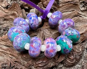 10 Purple Blue Mosaic Lampwork Beads Set SRA