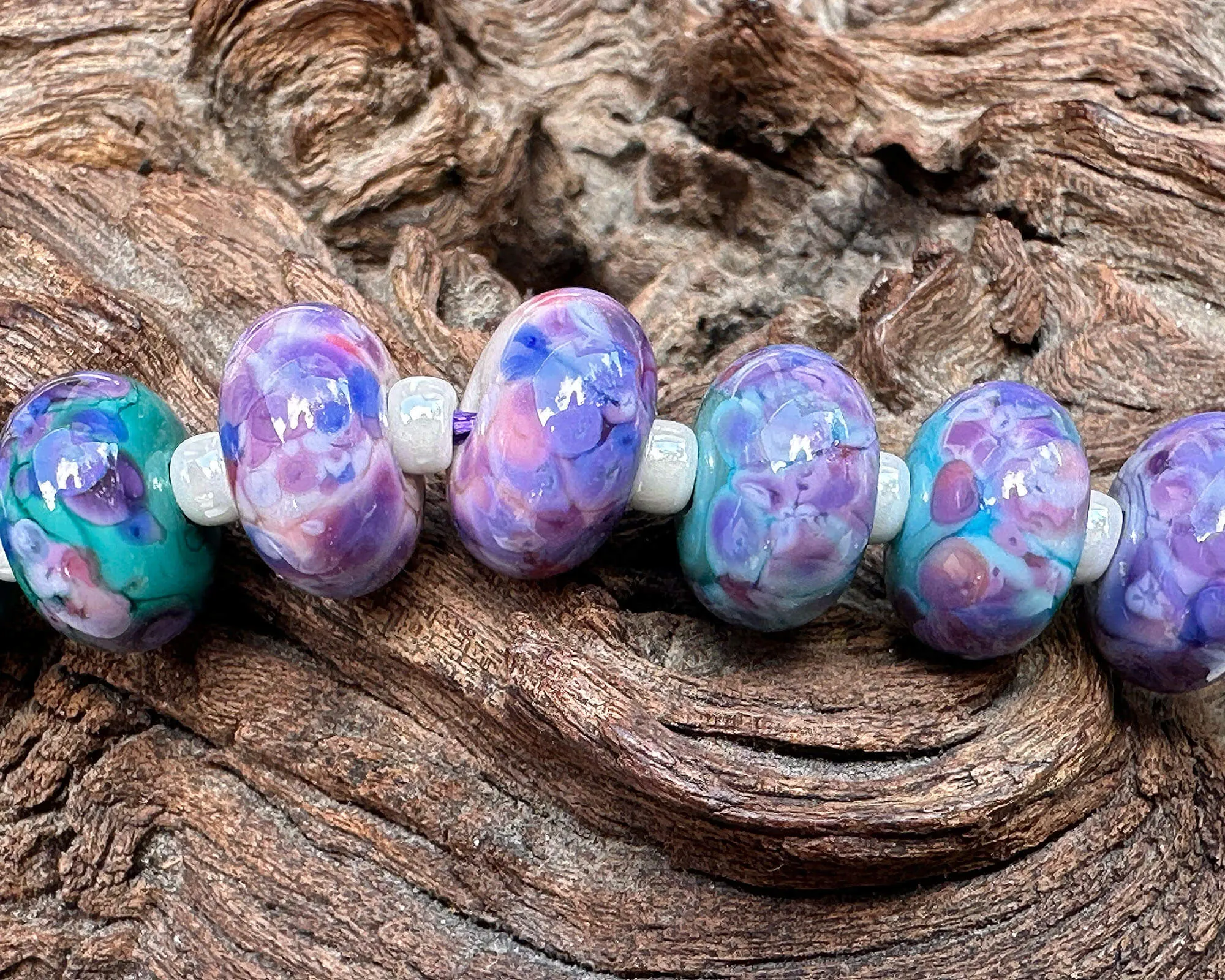 10 Purple Blue Mosaic Lampwork Beads Set SRA