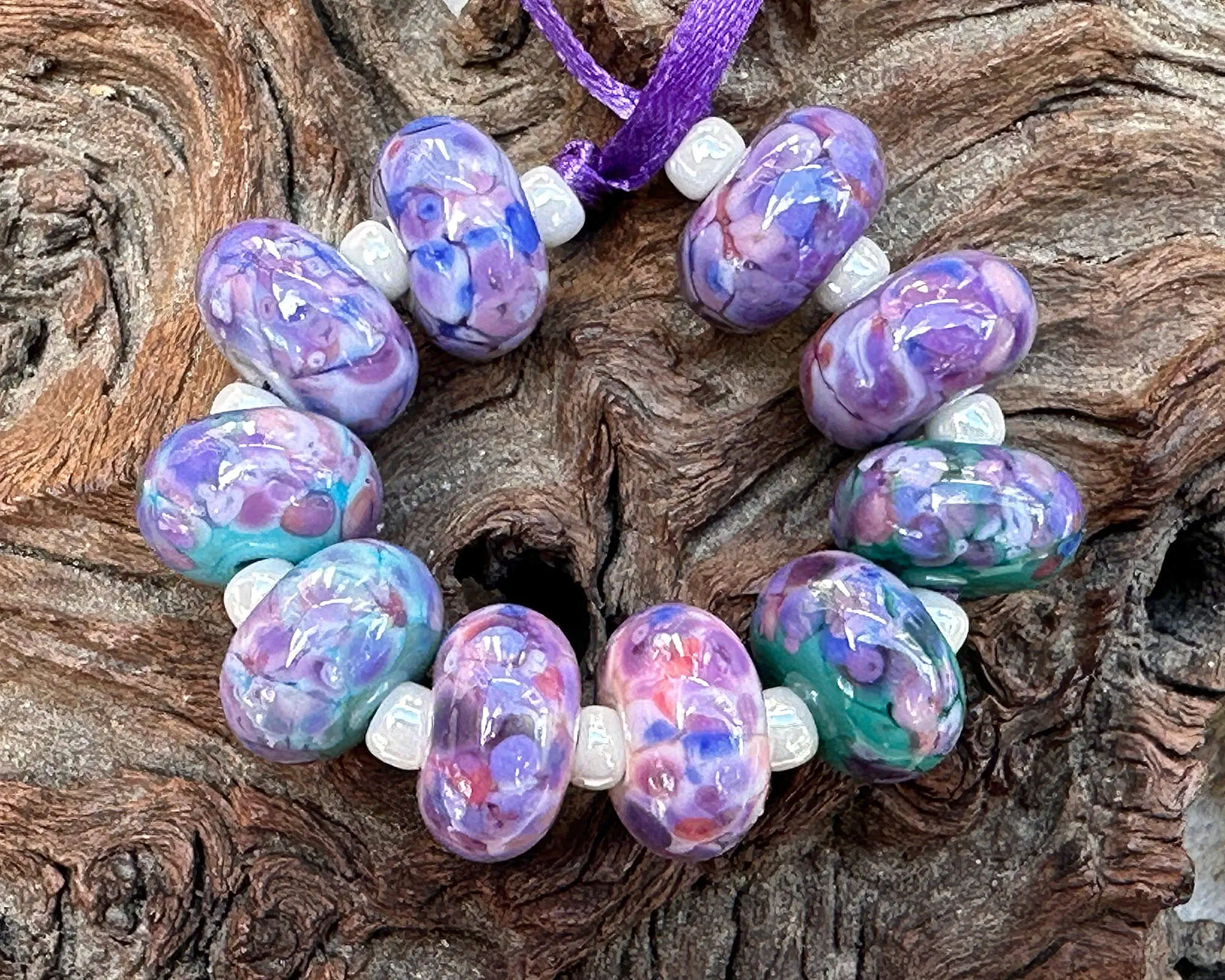 10 Purple Blue Mosaic Lampwork Beads Set SRA