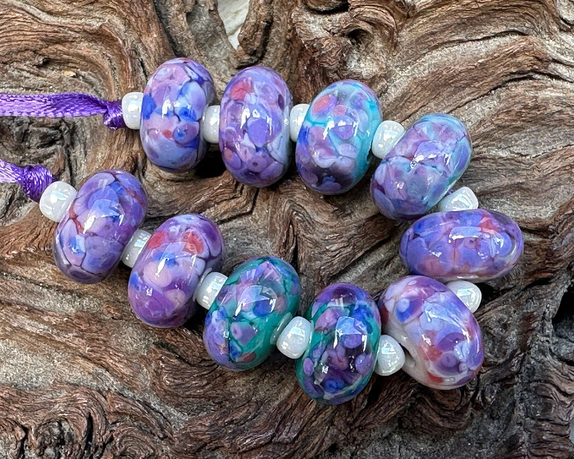 10 Purple Blue Mosaic Lampwork Beads Set SRA