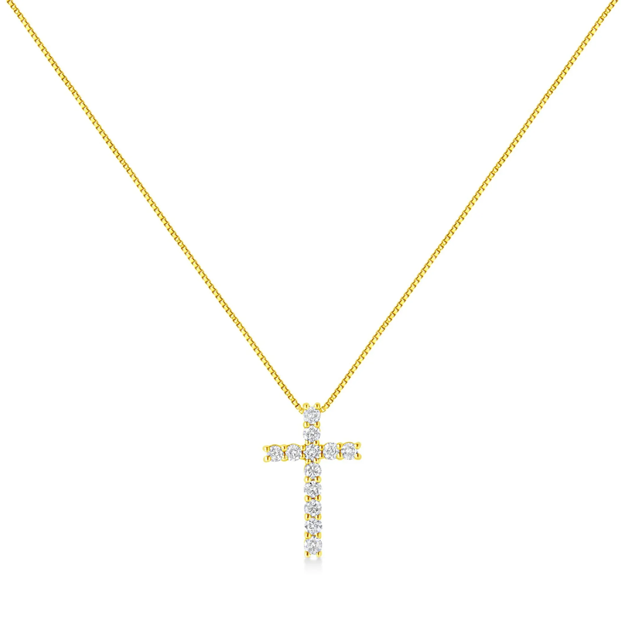 10K Yellow Gold 1/2 Cttw Round Brilliant Cut Diamond Cross 18" Pendant Necklace (J-K Color, I2-I3 Clarity)