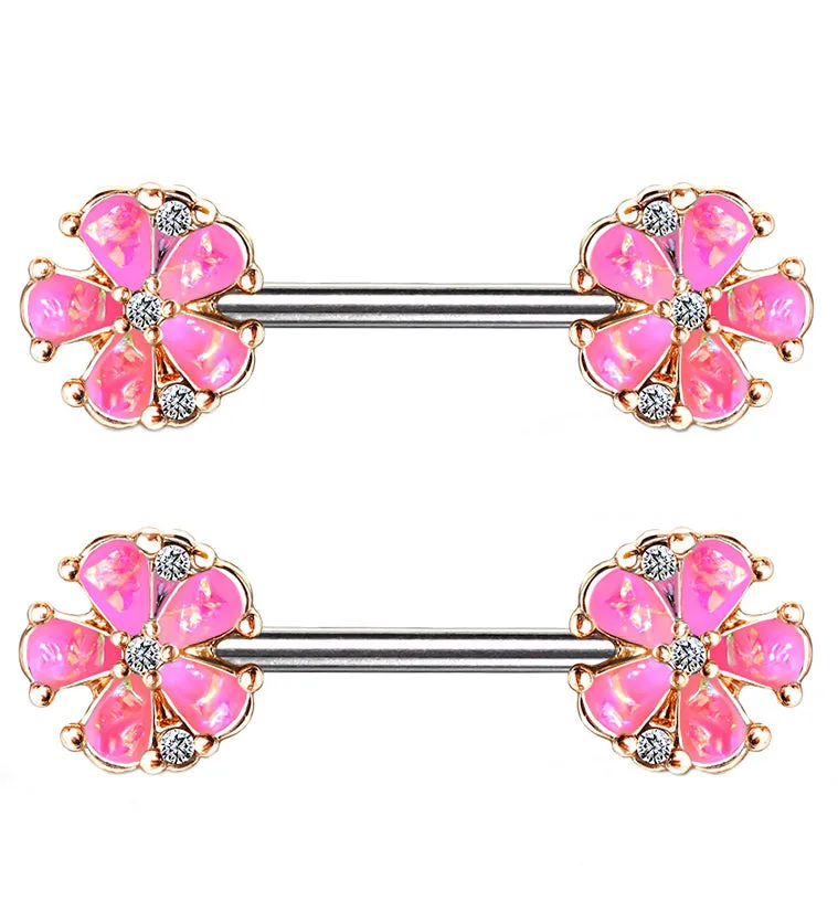 14G Pink Opalescent Glitter Petal Nipple Ring Barbell