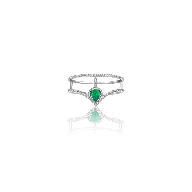 18k Gold Curve Diamond Double Ring with Drop Shape Emerald