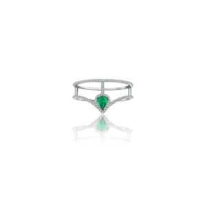 18k Gold Curve Diamond Double Ring with Drop Shape Emerald