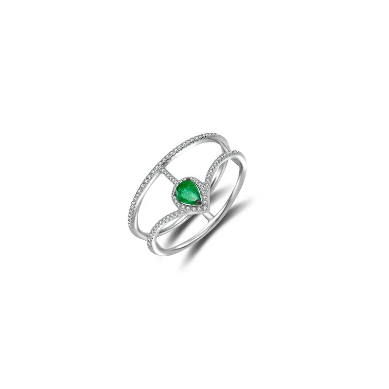 18k Gold Curve Diamond Double Ring with Drop Shape Emerald