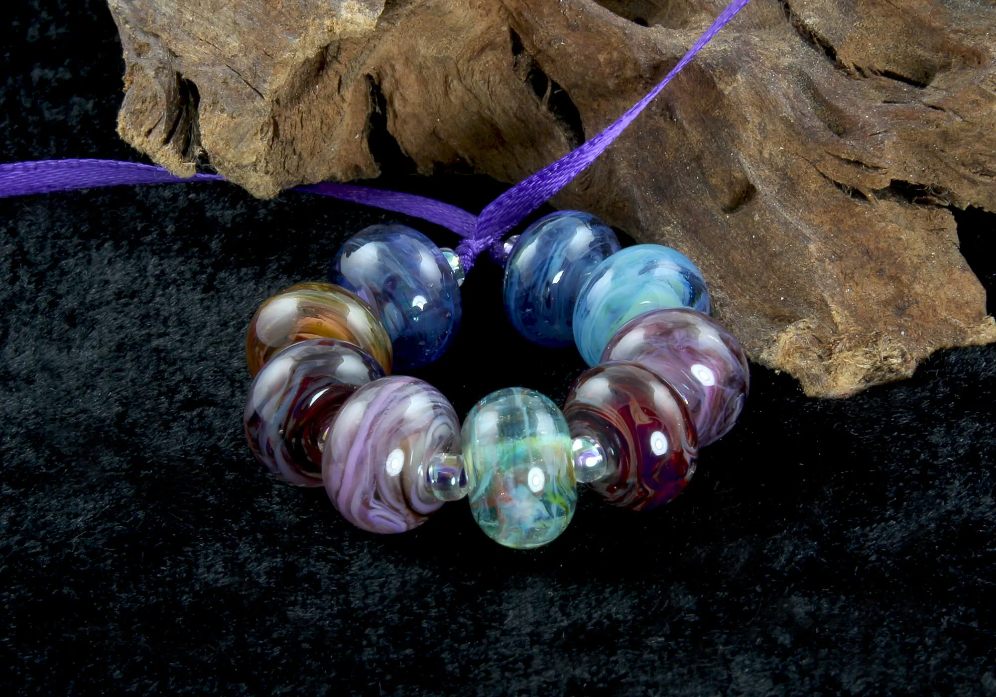 9 Handmade Transparent Swirl Lampwork Beads SRA
