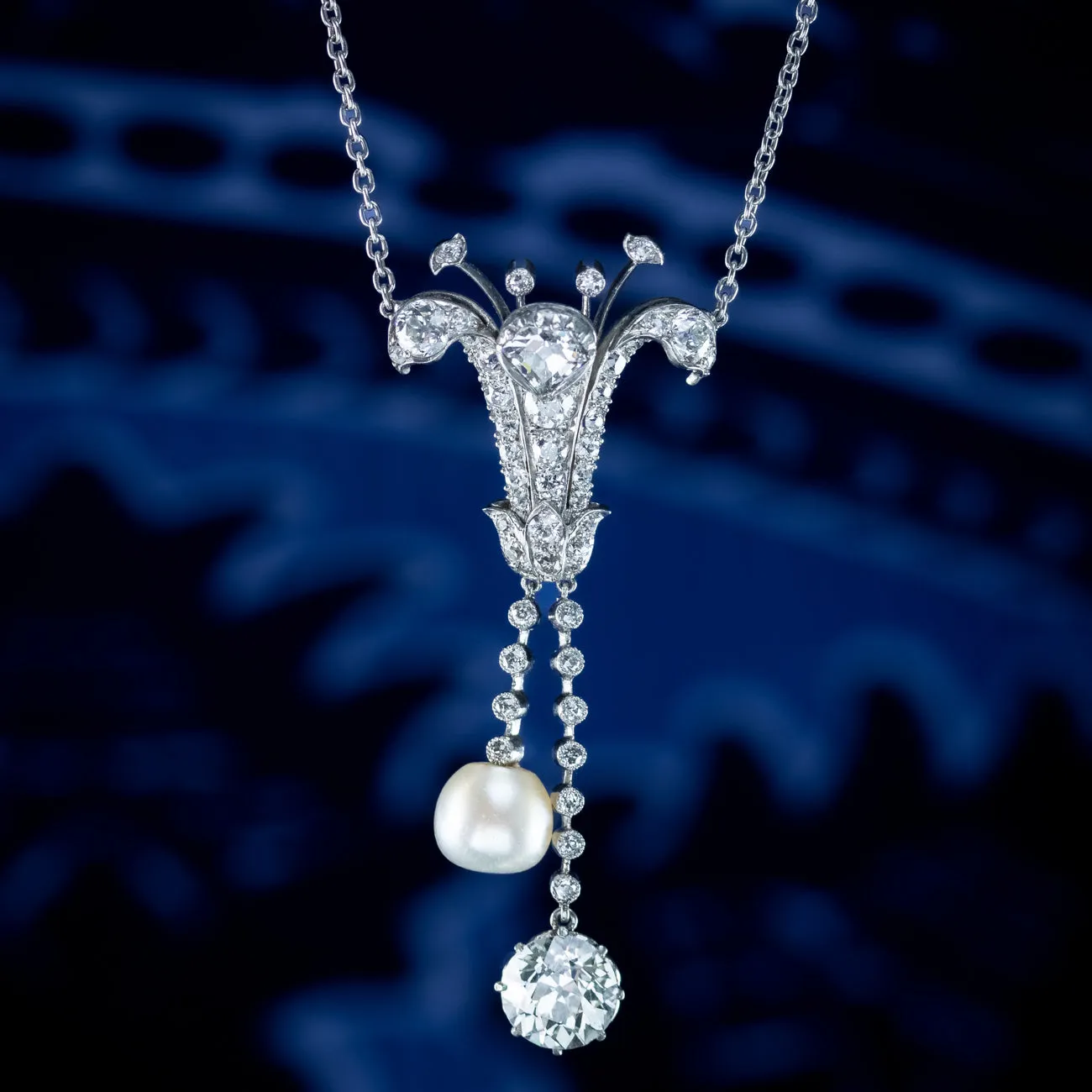 Art Deco Diamond Pearl Lily Lavaliere Necklace 5ct Of Diamond With Cert