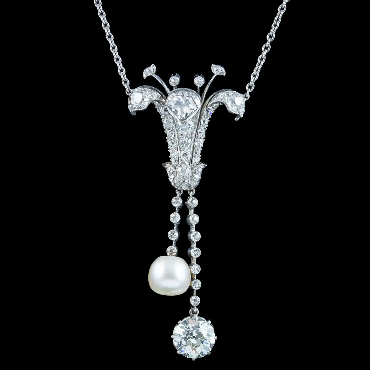 Art Deco Diamond Pearl Lily Lavaliere Necklace 5ct Of Diamond With Cert