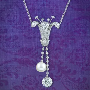 Art Deco Diamond Pearl Lily Lavaliere Necklace 5ct Of Diamond With Cert