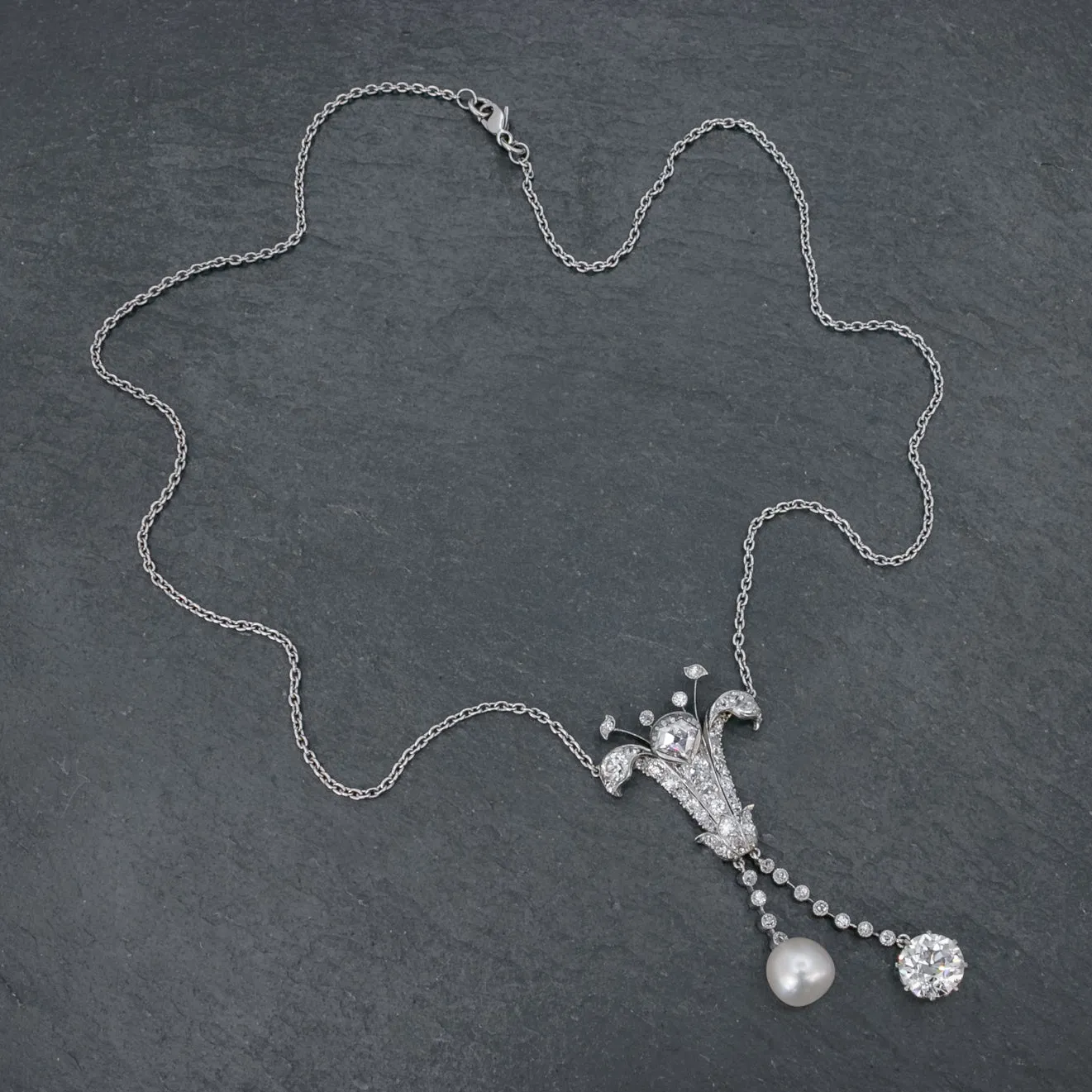 Art Deco Diamond Pearl Lily Lavaliere Necklace 5ct Of Diamond With Cert