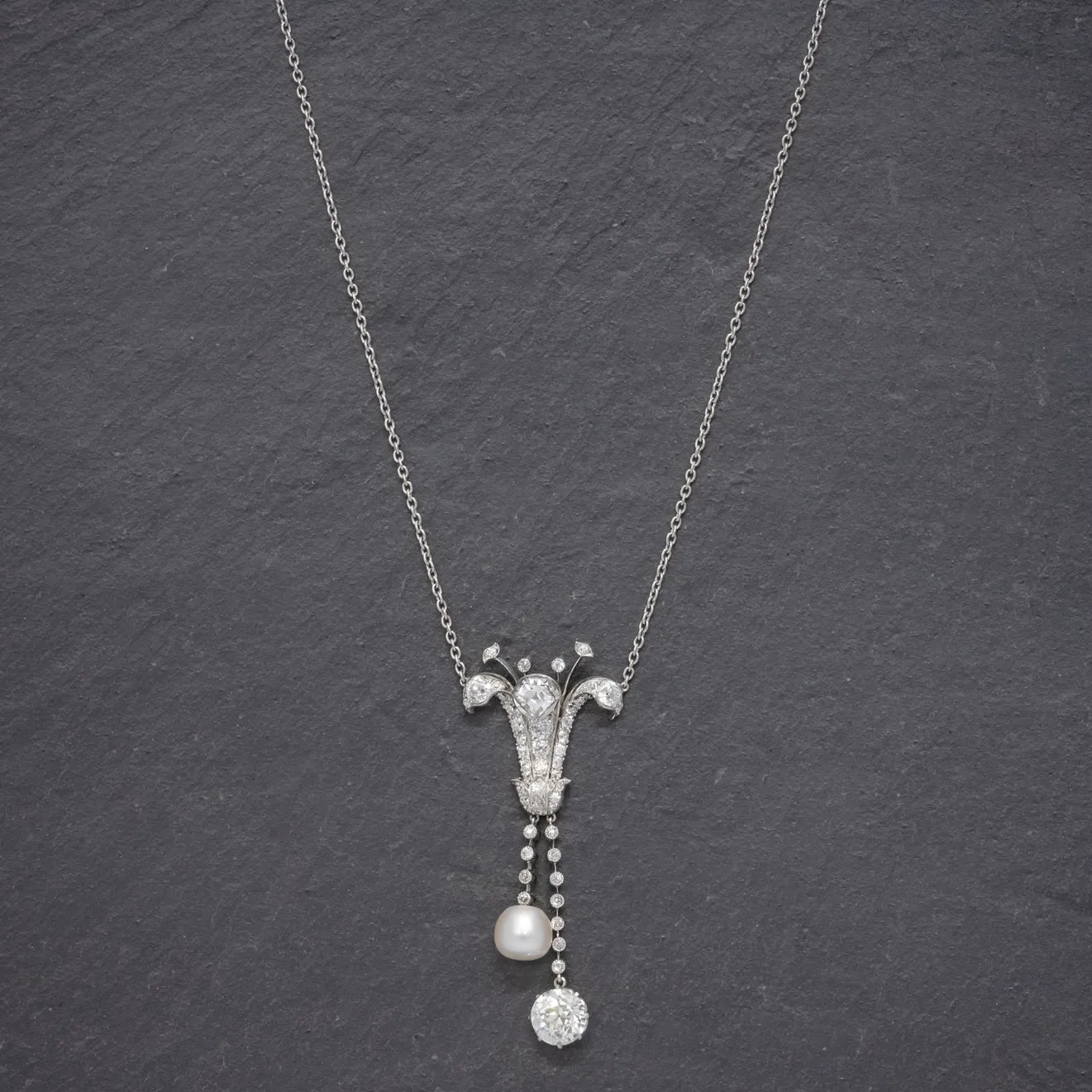 Art Deco Diamond Pearl Lily Lavaliere Necklace 5ct Of Diamond With Cert