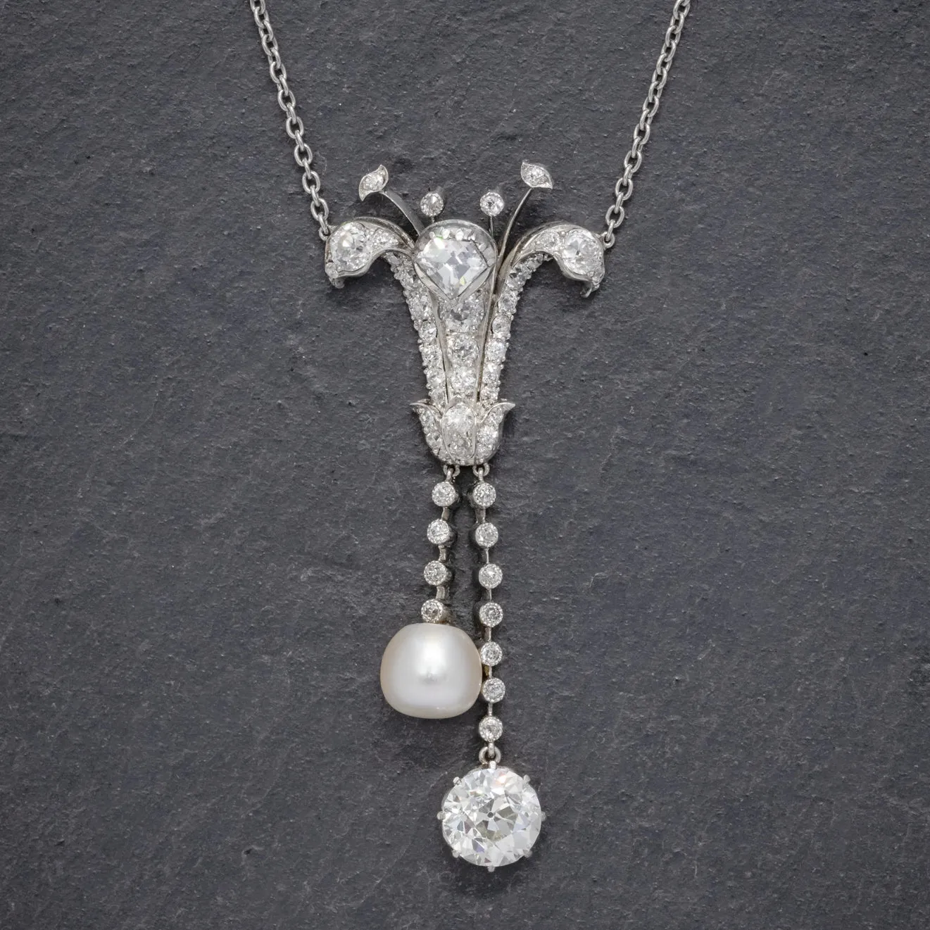 Art Deco Diamond Pearl Lily Lavaliere Necklace 5ct Of Diamond With Cert