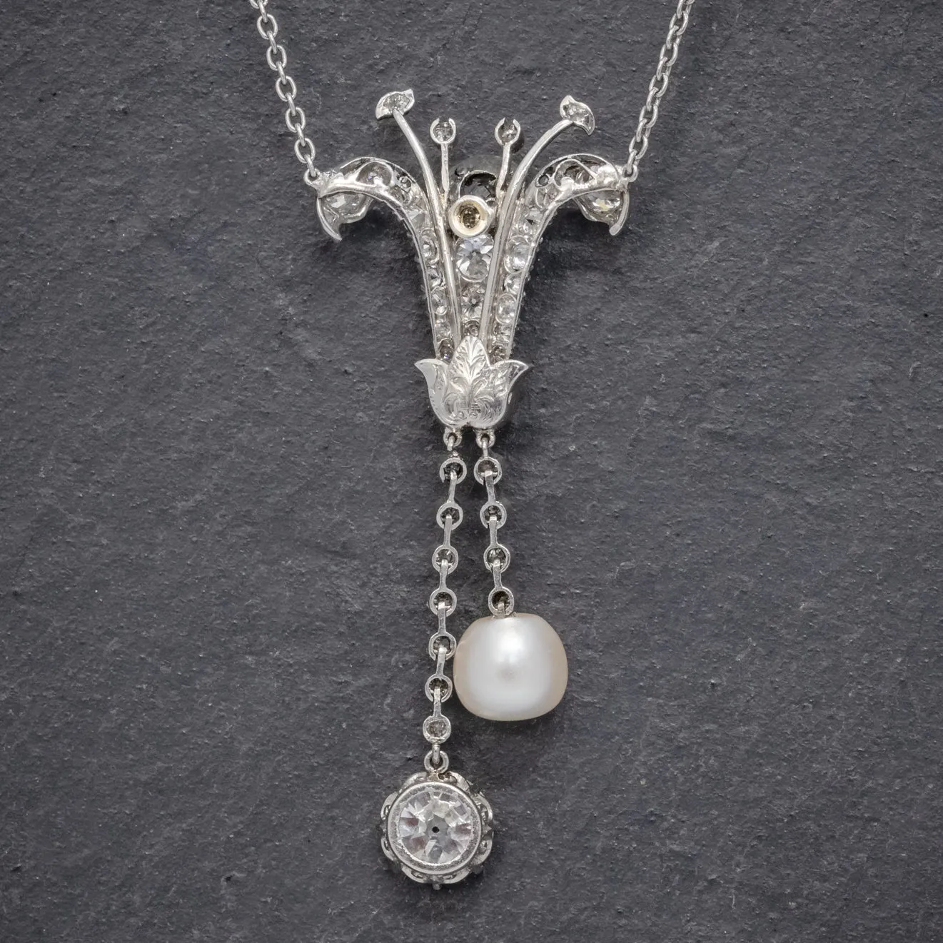 Art Deco Diamond Pearl Lily Lavaliere Necklace 5ct Of Diamond With Cert