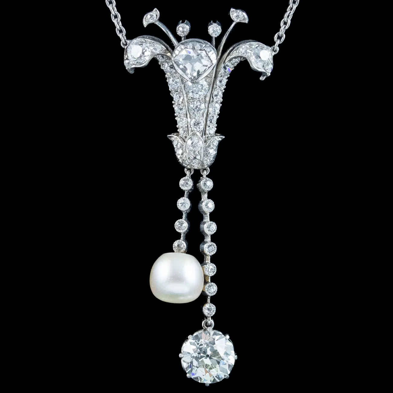 Art Deco Diamond Pearl Lily Lavaliere Necklace 5ct Of Diamond With Cert