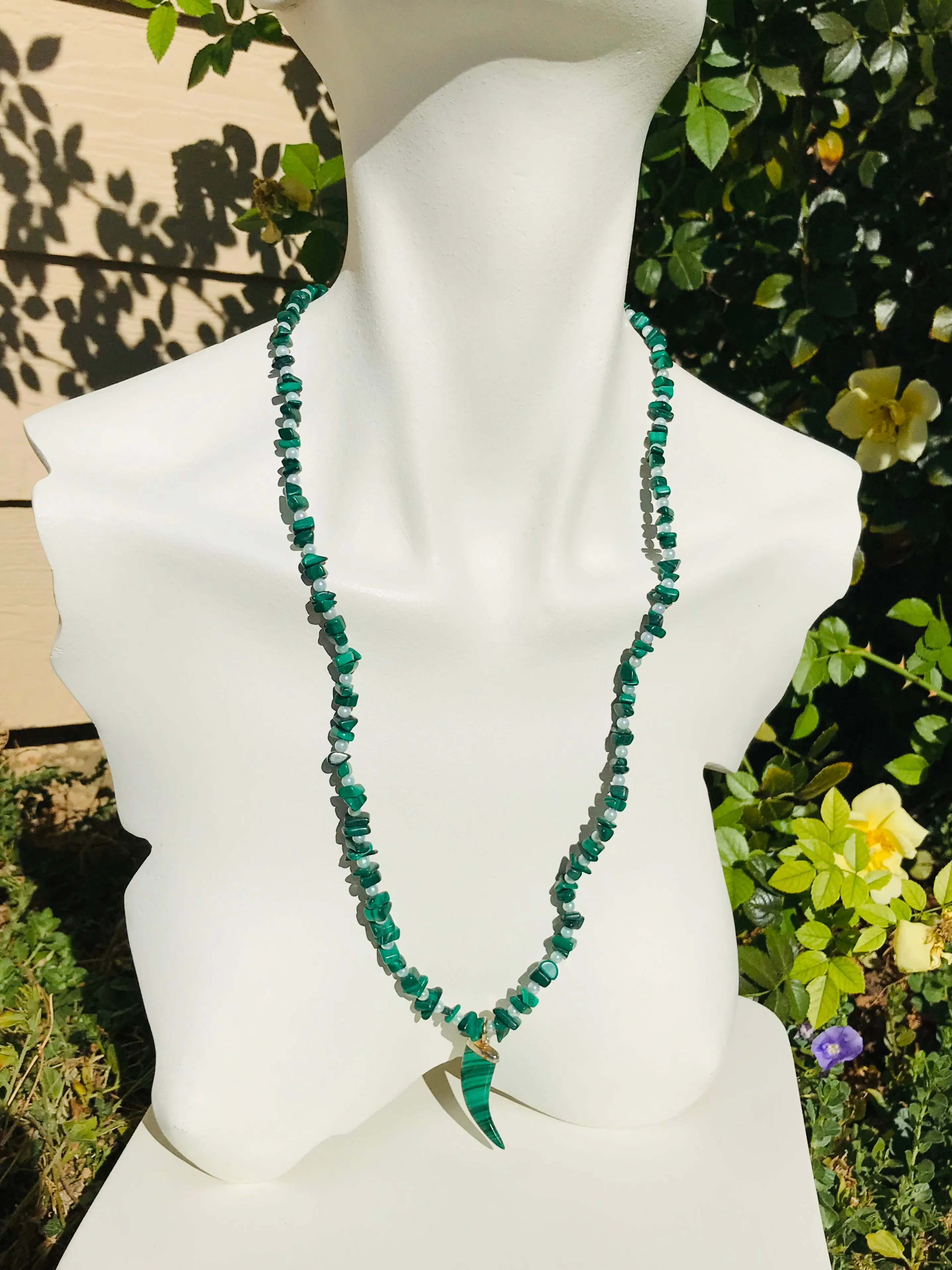 Artisan Malachite Faux Pearl Green Gem Stone Carved Horn Beaded Long Necklace