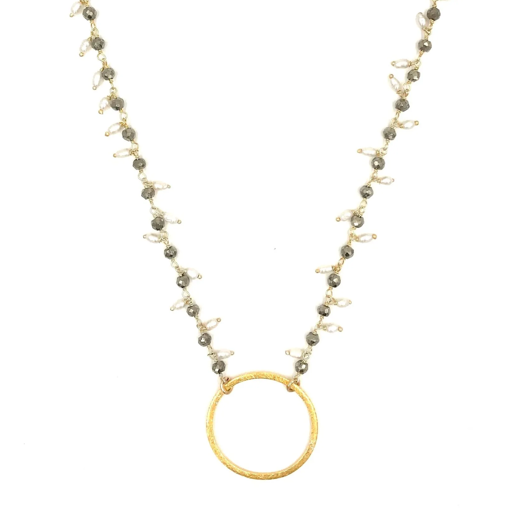 Ashley Gold Pyrite And Pearl Gold Plated Sterling Silver Necklace With Circle Pendant