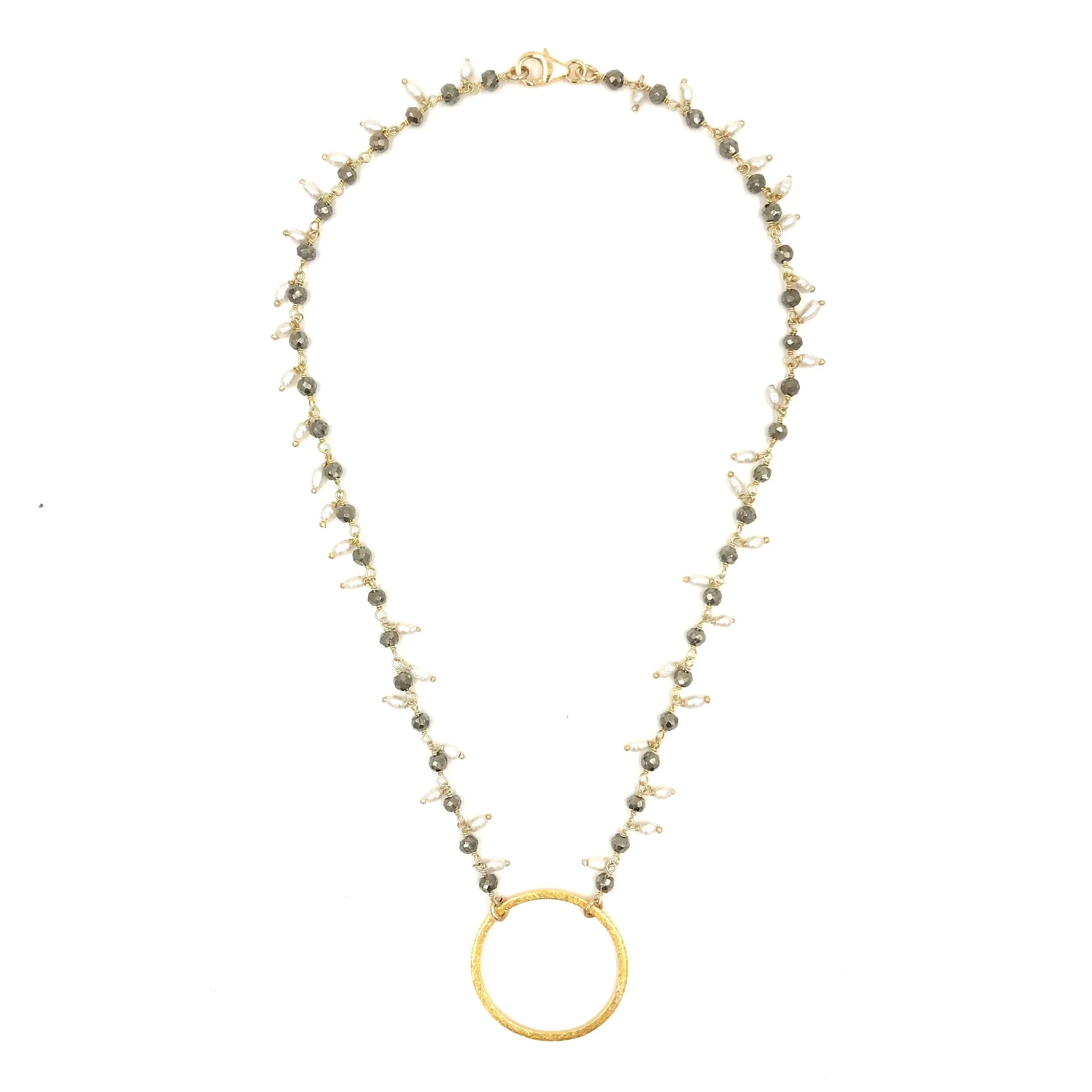 Ashley Gold Pyrite And Pearl Gold Plated Sterling Silver Necklace With Circle Pendant