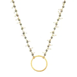 Ashley Gold Pyrite And Pearl Gold Plated Sterling Silver Necklace With Circle Pendant