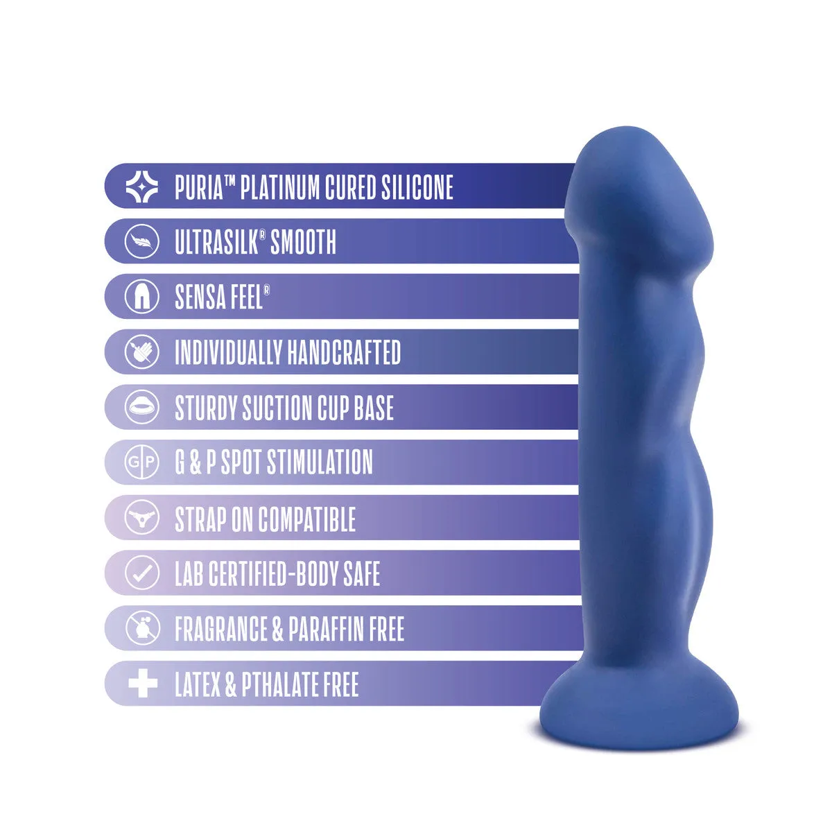 Blush Avant® Suko Indigo D12 - Artisan 8-Inch Curved G-Spot Dildo with Suction Cup Base | Smooth Ultrasilk® Purio™ Silicone
