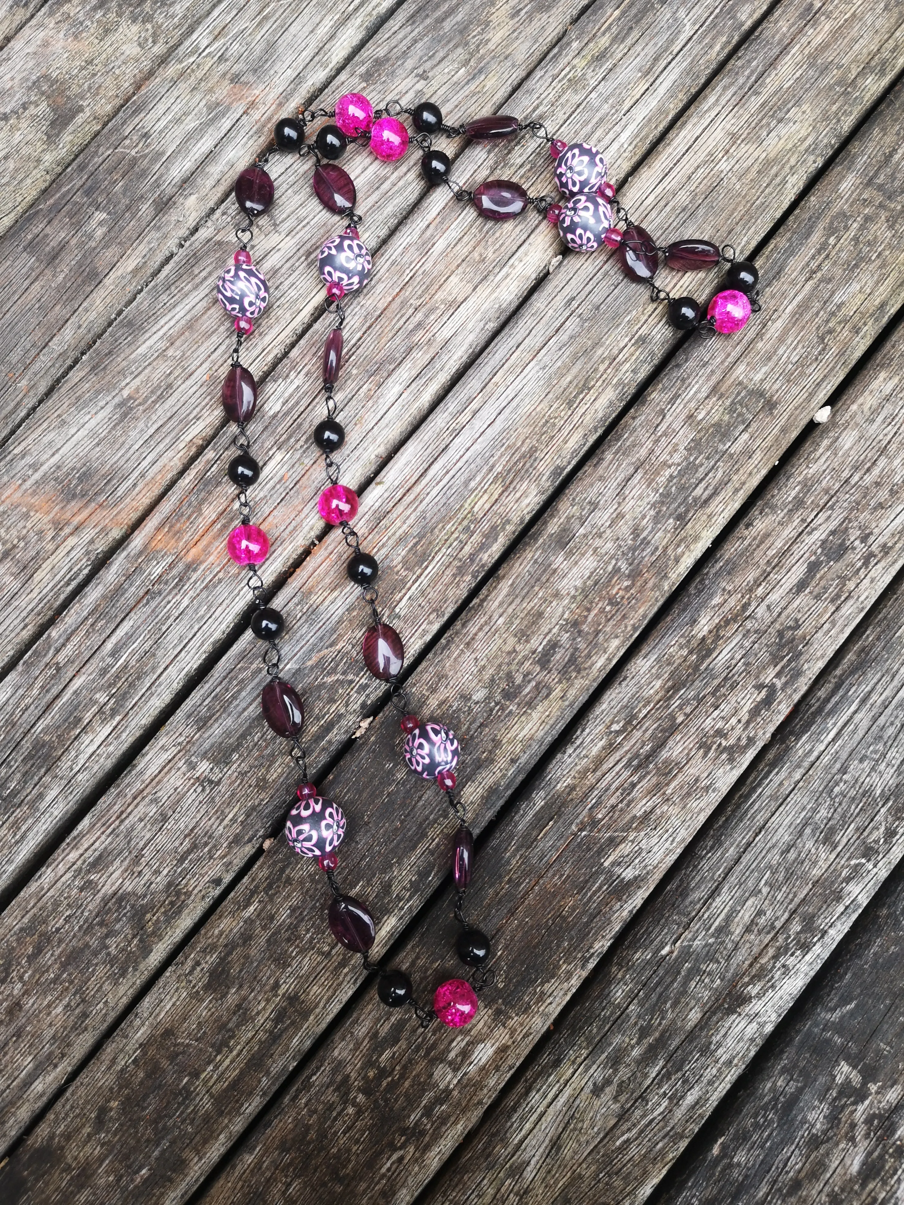 Blossoms.. long necklaces, hand made beaded chain with polymer clay beads