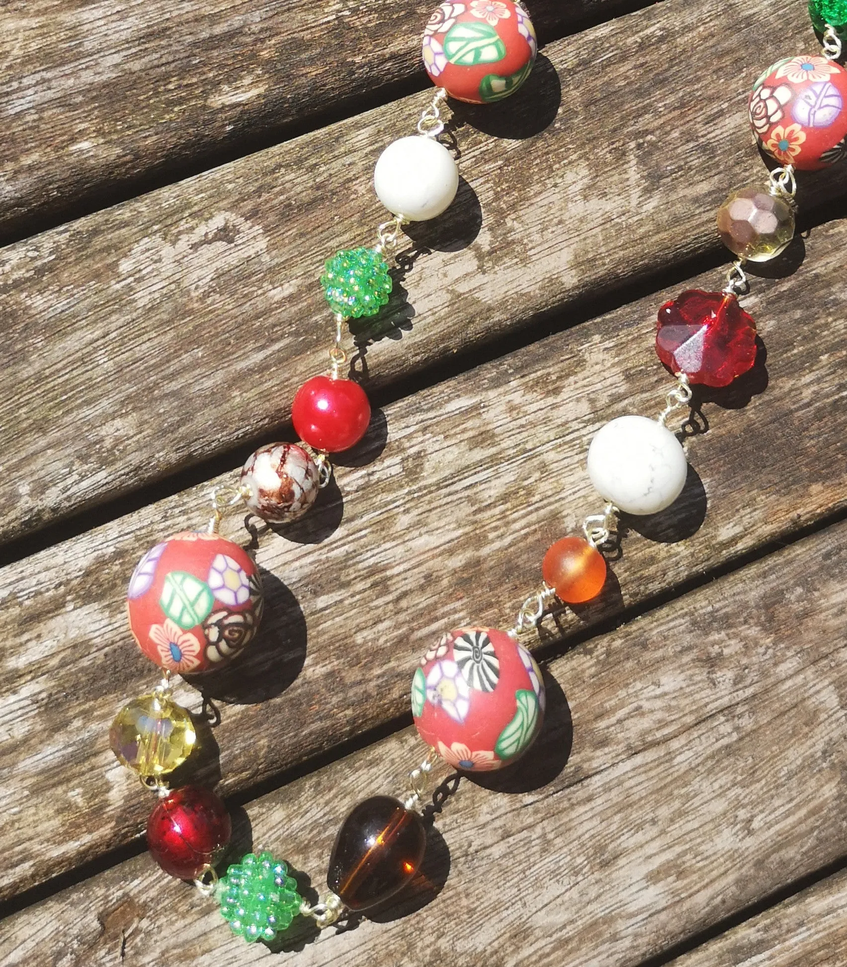 Blossoms.. long necklaces, hand made beaded chain with polymer clay beads