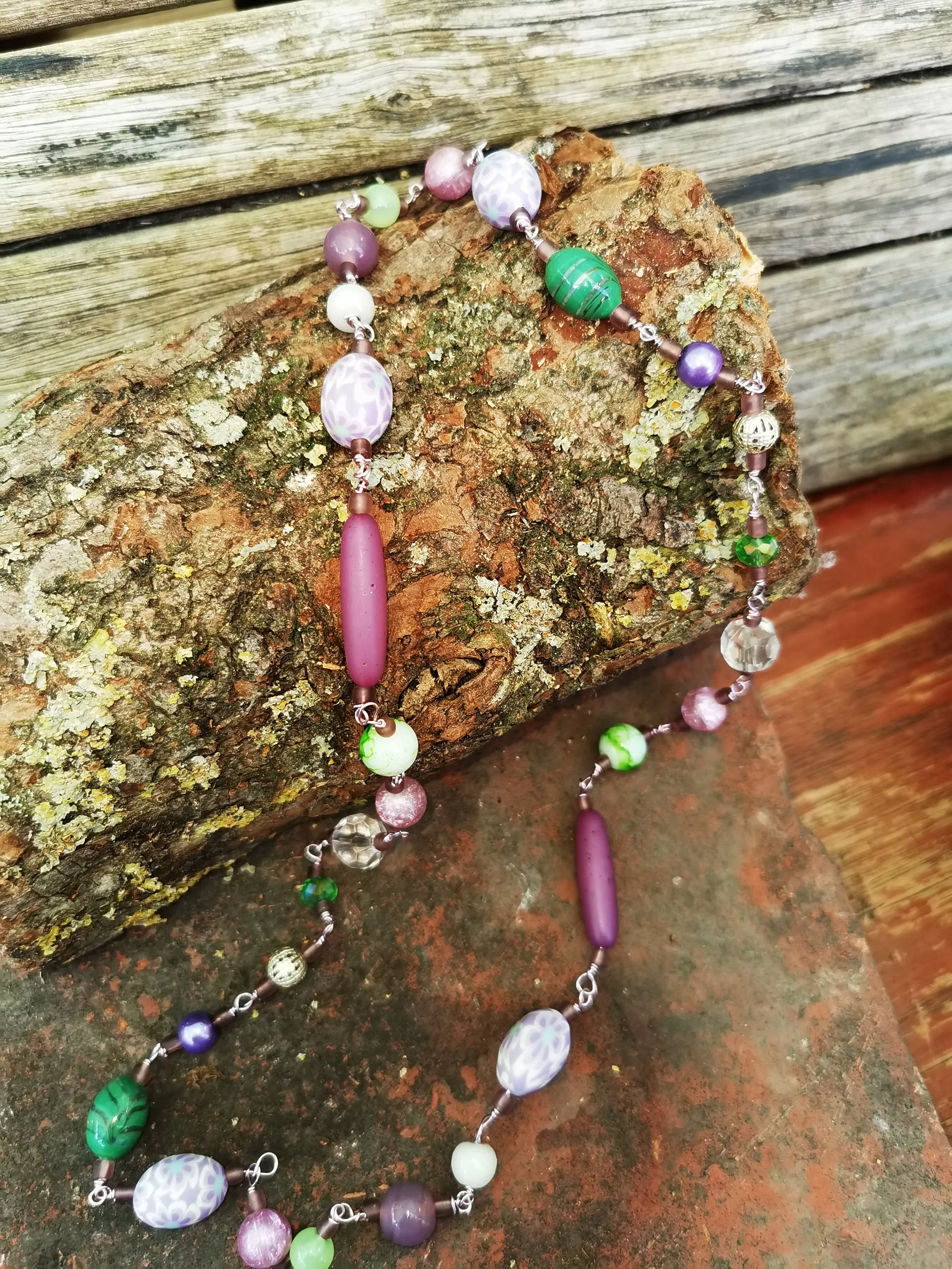 Blossoms.. long necklaces, hand made beaded chain with polymer clay beads
