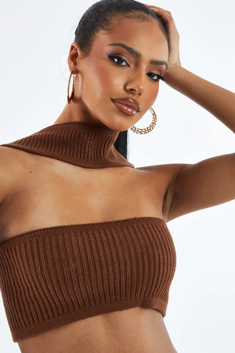 Brown Knit Choker Neck Cropped Top - Lia
