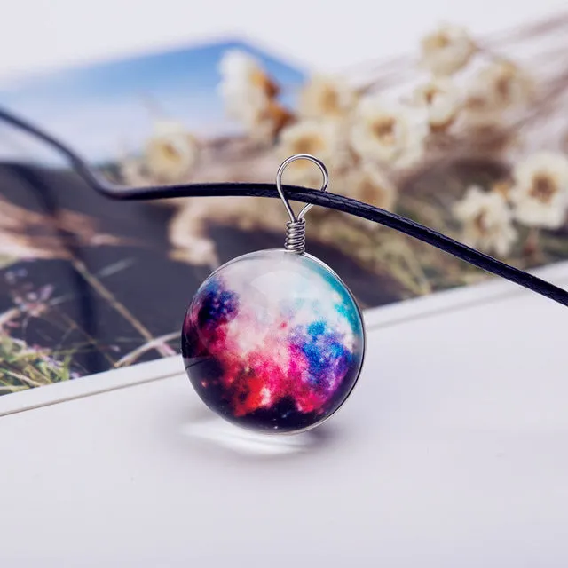 Collares Duplex Planet Crystal Stars Ball Glass Galaxy Pattern Leather Chain Pendants Maxi Necklace For Womem Girlfriend Gift