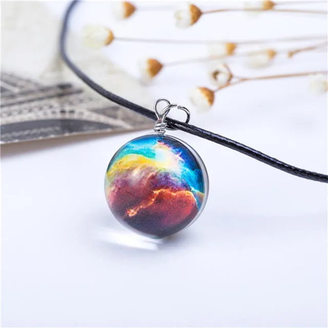 Collares Duplex Planet Crystal Stars Ball Glass Galaxy Pattern Leather Chain Pendants Maxi Necklace For Womem Girlfriend Gift