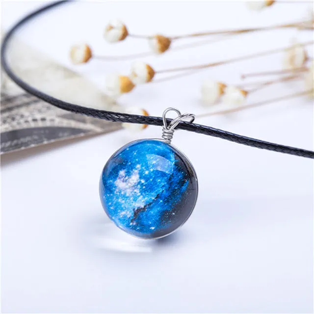 Collares Duplex Planet Crystal Stars Ball Glass Galaxy Pattern Leather Chain Pendants Maxi Necklace For Womem Girlfriend Gift