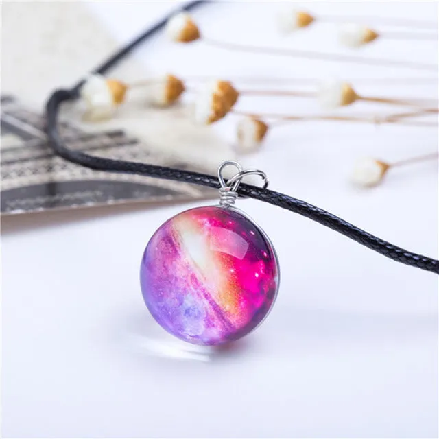 Collares Duplex Planet Crystal Stars Ball Glass Galaxy Pattern Leather Chain Pendants Maxi Necklace For Womem Girlfriend Gift