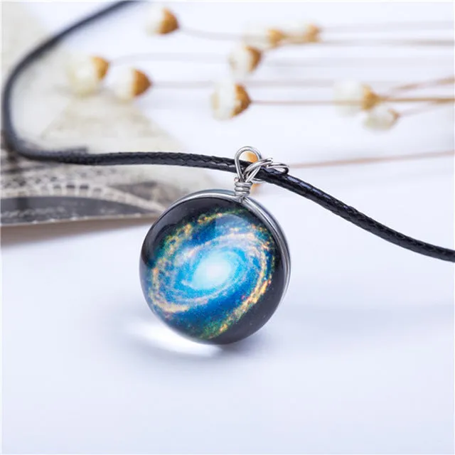 Collares Duplex Planet Crystal Stars Ball Glass Galaxy Pattern Leather Chain Pendants Maxi Necklace For Womem Girlfriend Gift