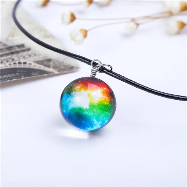 Collares Duplex Planet Crystal Stars Ball Glass Galaxy Pattern Leather Chain Pendants Maxi Necklace For Womem Girlfriend Gift