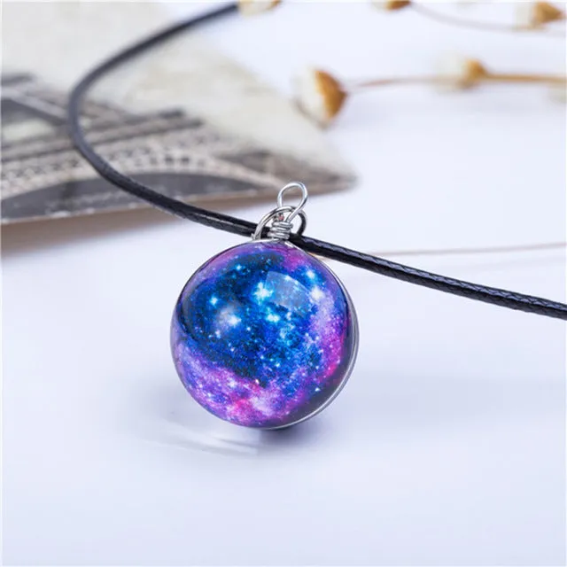 Collares Duplex Planet Crystal Stars Ball Glass Galaxy Pattern Leather Chain Pendants Maxi Necklace For Womem Girlfriend Gift