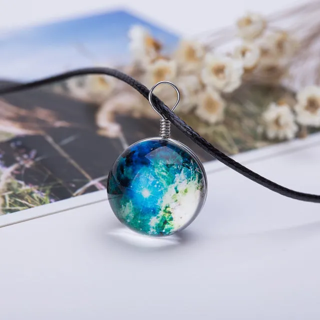 Collares Duplex Planet Crystal Stars Ball Glass Galaxy Pattern Leather Chain Pendants Maxi Necklace For Womem Girlfriend Gift