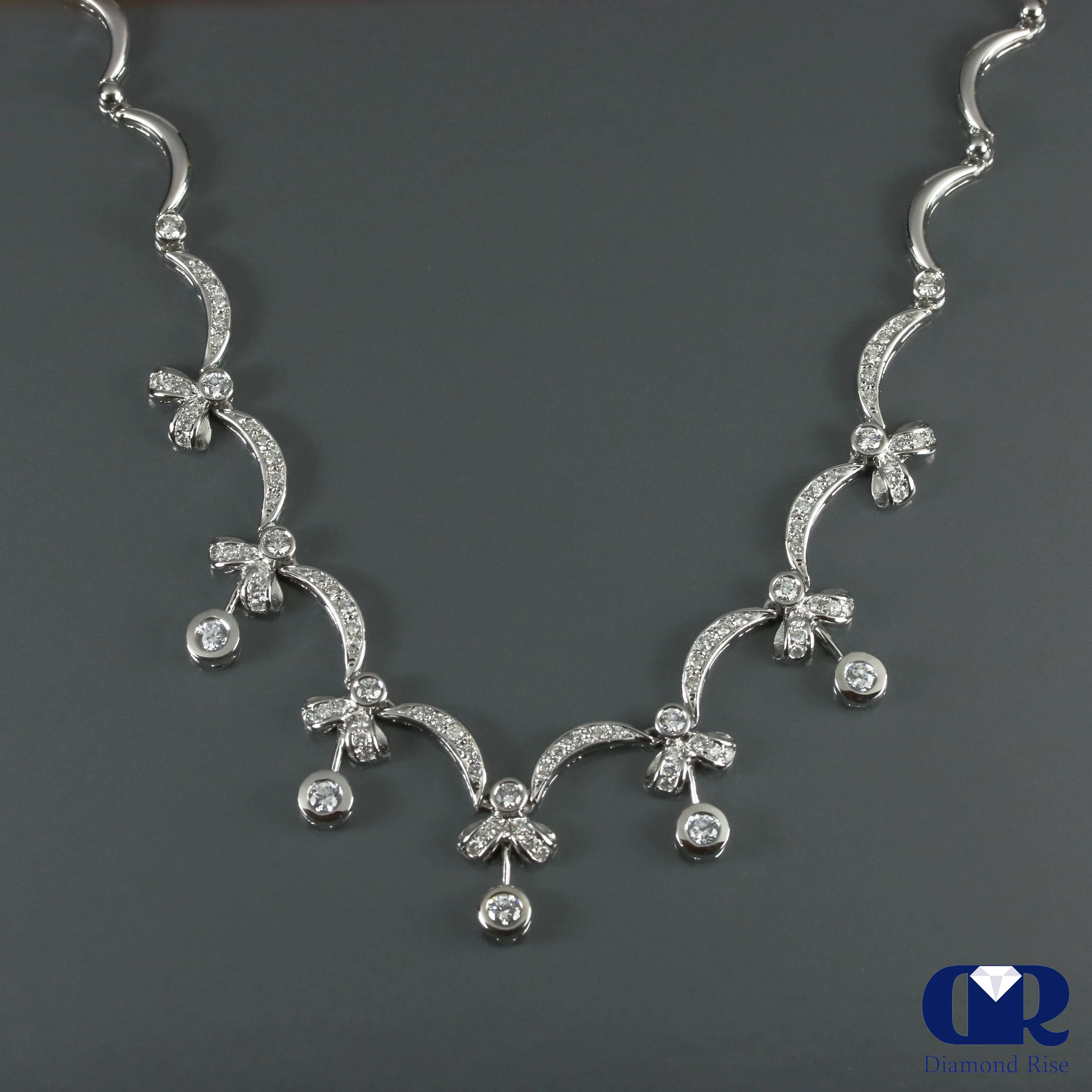 Diamond Wave Shaped Drop Necklace In 14K White Gold