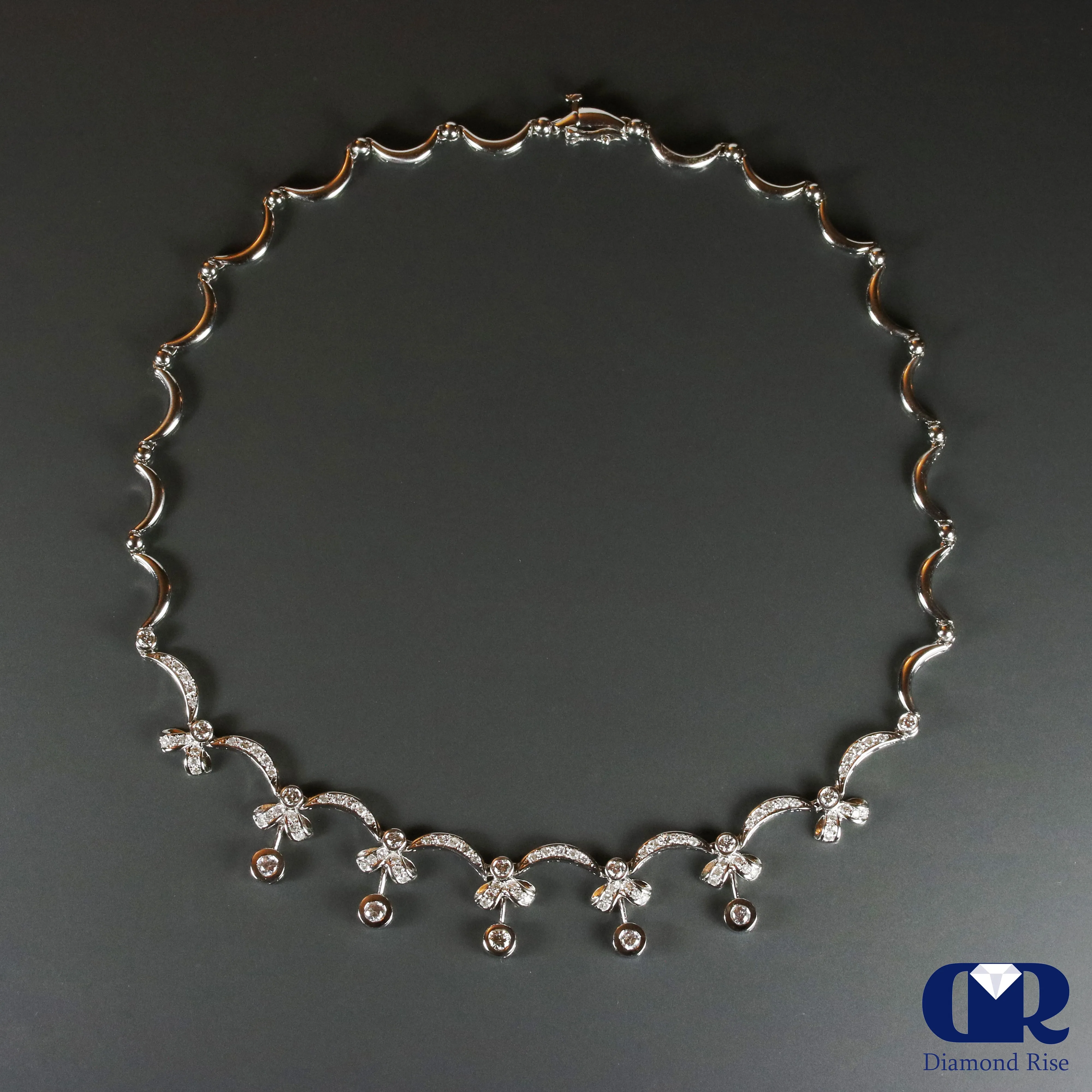 Diamond Wave Shaped Drop Necklace In 14K White Gold