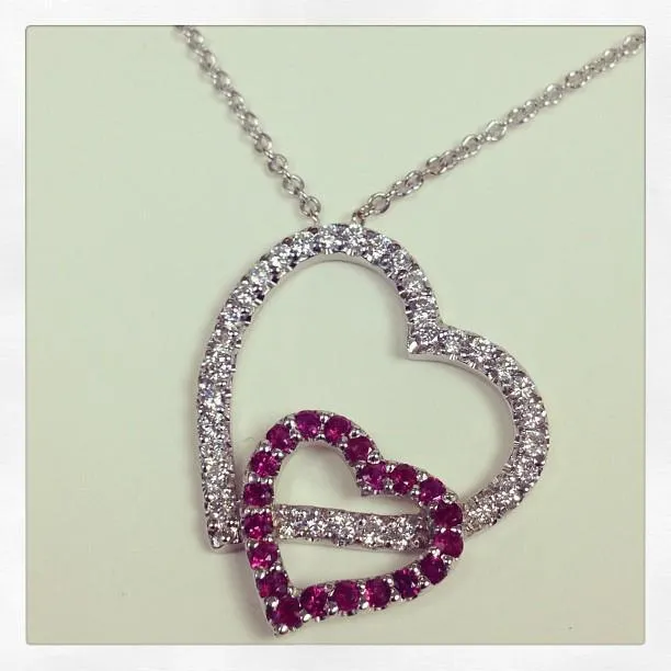 Double Heart Pendant with Diamonds & Rubies featuring 16 Inch Chain