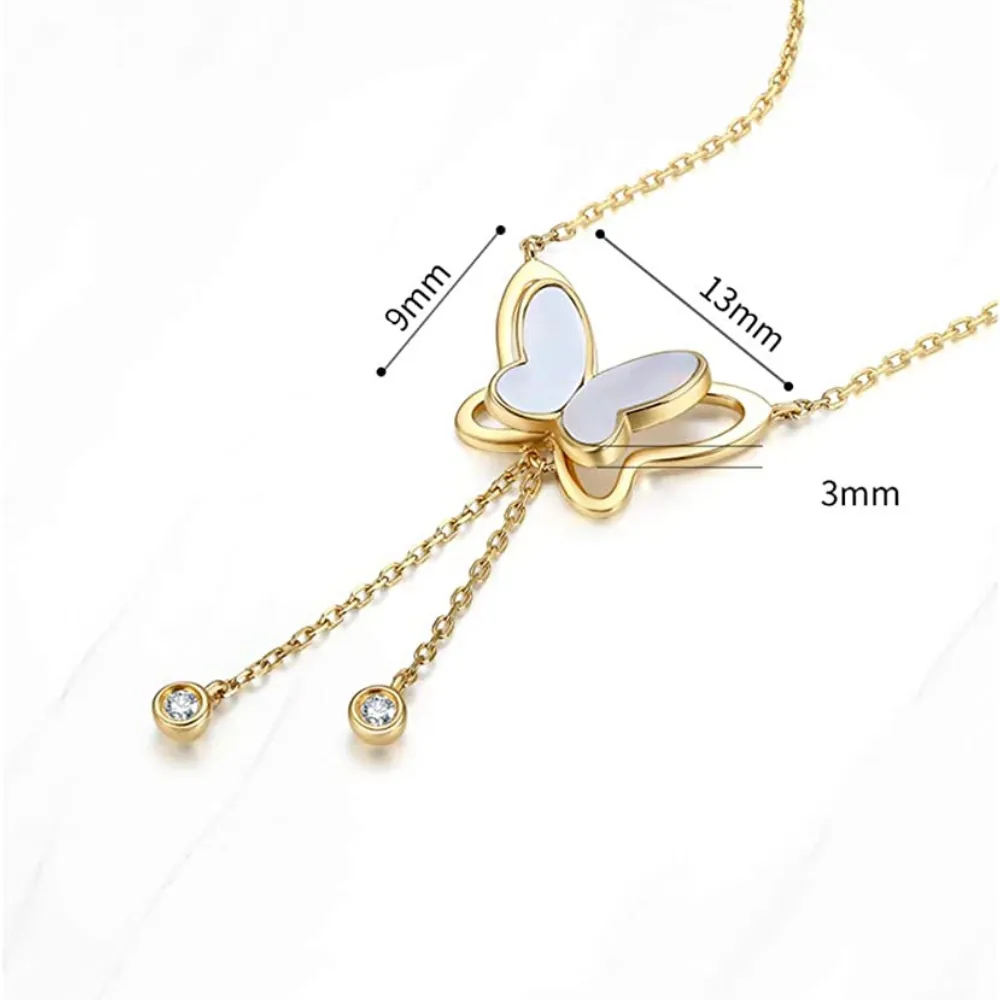 FANCIME "Twinkling Fairy Pearl" Butterfly Drop Dangling 14K Yellow Gold Necklace