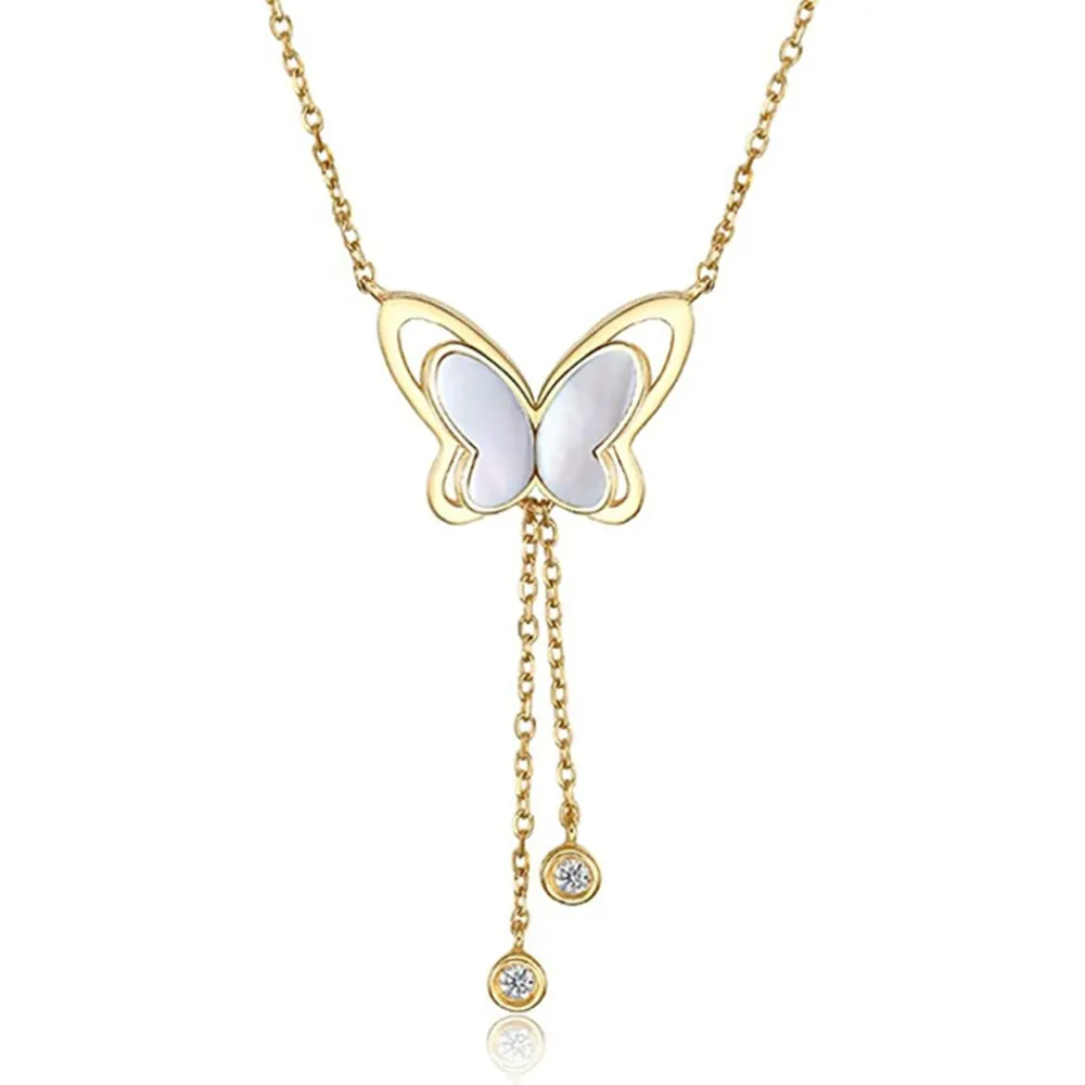 FANCIME "Twinkling Fairy Pearl" Butterfly Drop Dangling 14K Yellow Gold Necklace