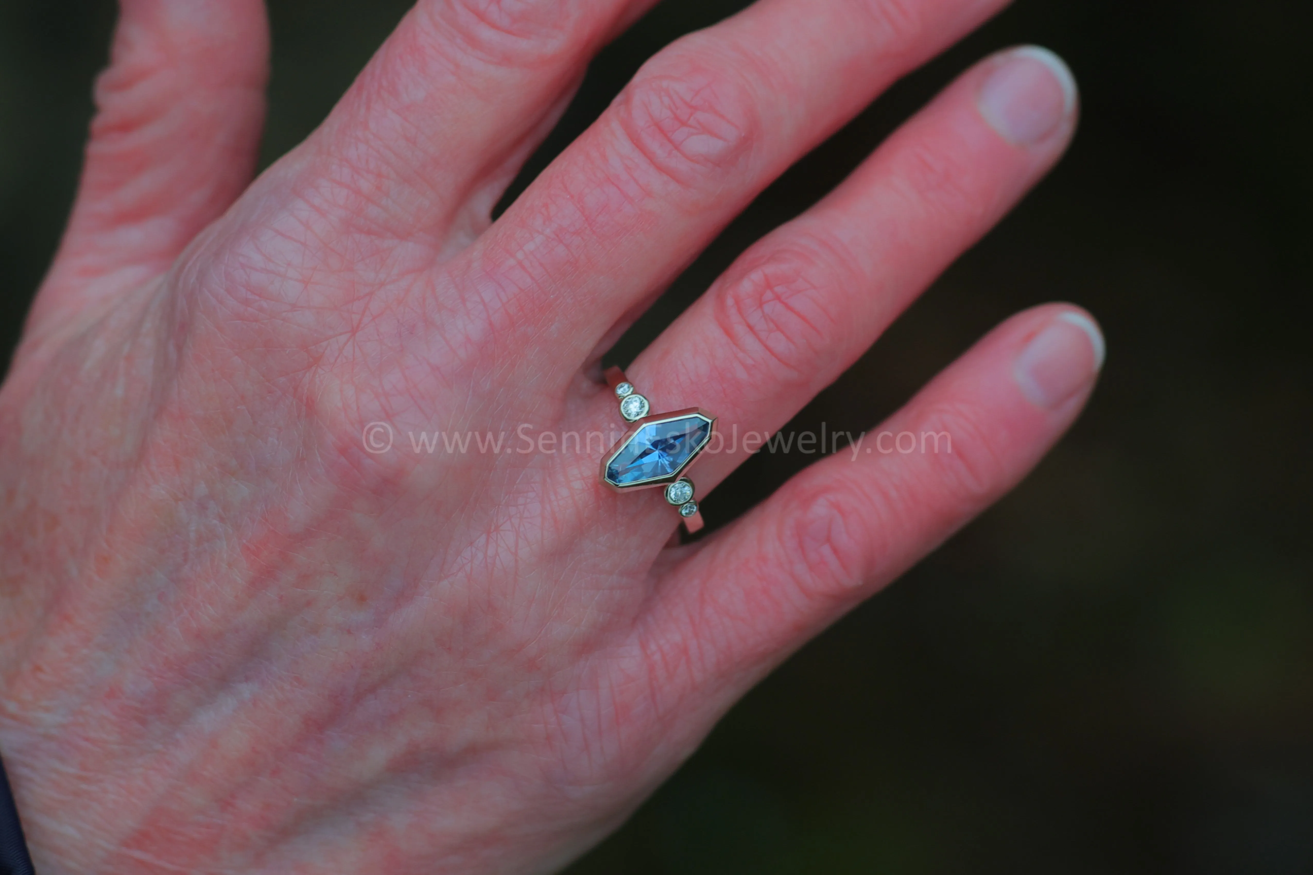 Five Stone Diamond Accented Multi Bezel Setting - Depicted with a Precision cut 1.76ct Umba Sapphire Marquise  (Setting Only, Center Stone Sold Separately)