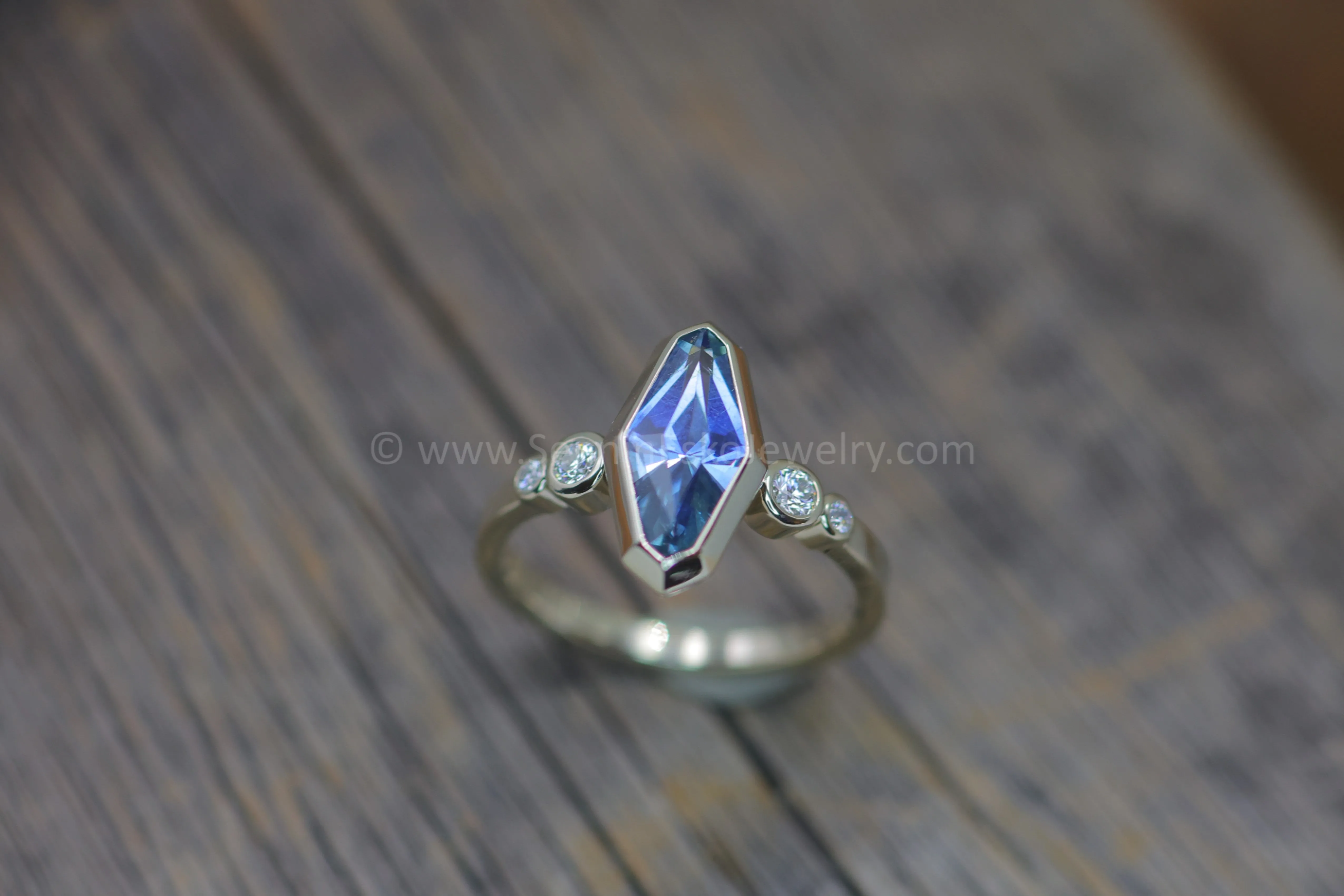 Five Stone Diamond Accented Multi Bezel Setting - Depicted with a Precision cut 1.76ct Umba Sapphire Marquise  (Setting Only, Center Stone Sold Separately)