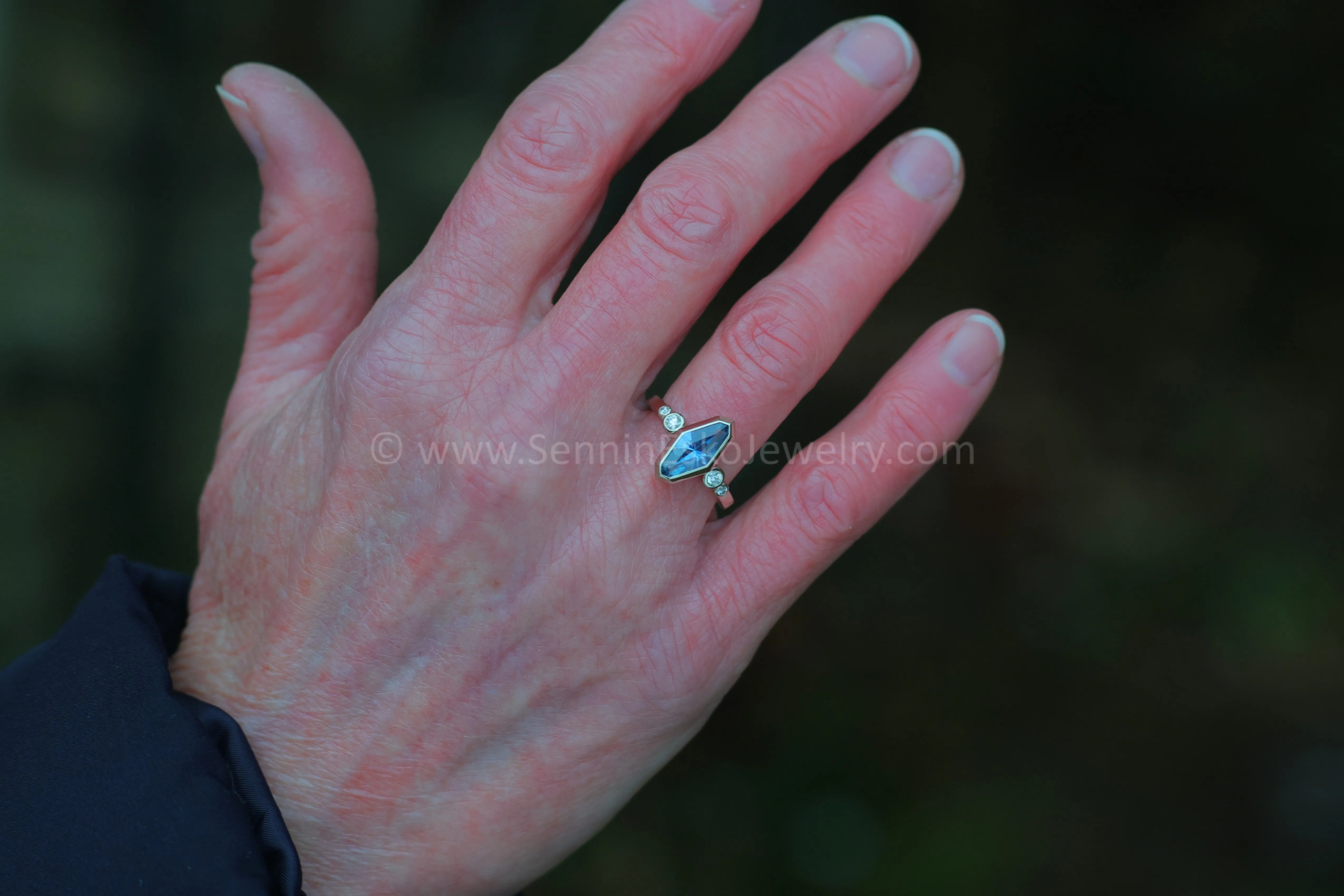 Five Stone Diamond Accented Multi Bezel Setting - Depicted with a Precision cut 1.76ct Umba Sapphire Marquise  (Setting Only, Center Stone Sold Separately)
