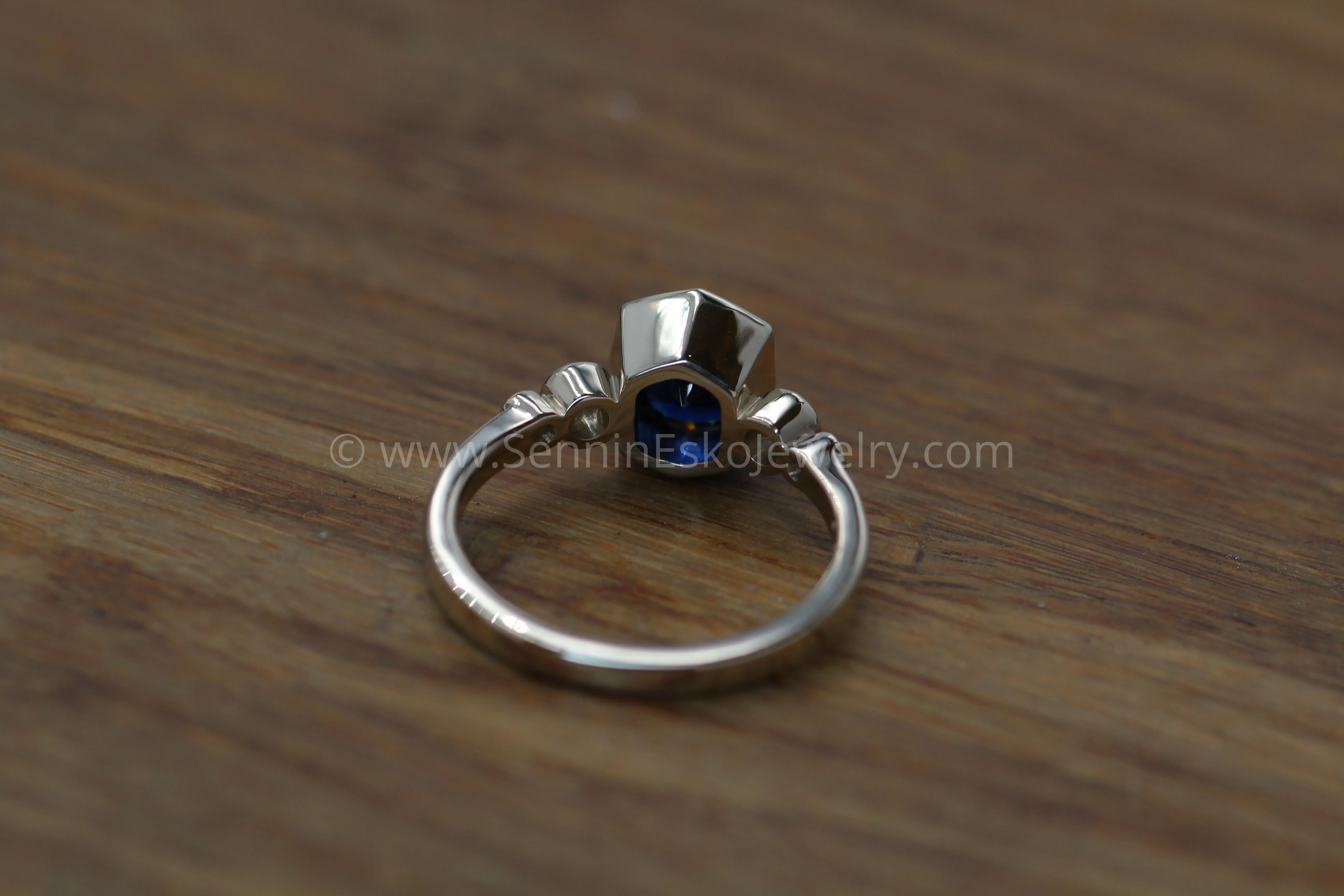 Five Stone Diamond Accented Multi Bezel Setting - Fantasy cut Nigerian Sapphire Cushion Depicted (Setting Only, Center Stone Sold Separately)