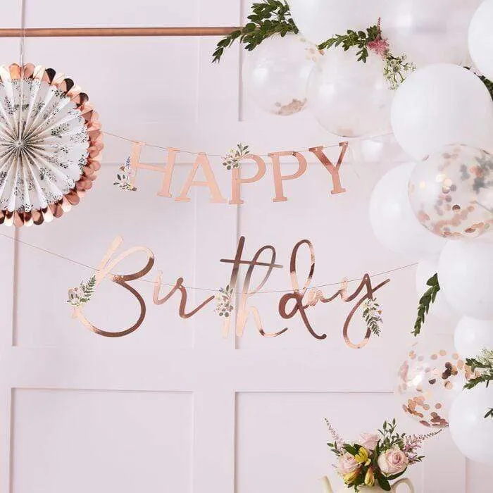 Floral Rose Gold Birthday Banner