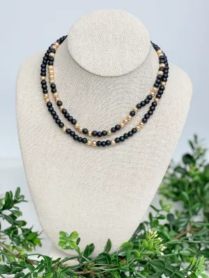 Gold & Color Bead Dual Strand Necklace - Black