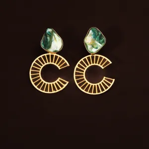 Golden Semi Circular Green Mother Of Pearl Earring For Women